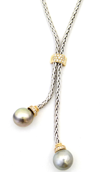 18ct white gold necklace snake chain set with cultured grey pearl terminals, 12mm, and a yeloow gold