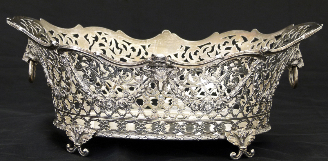 Silver neo-classical oval basket ,CJ Hill, London 1891 , the lattice work sides moulded with