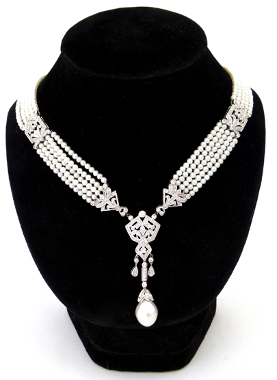 Pearl and diamond choker necklace of five strands united by 18ct white gold terminals and an