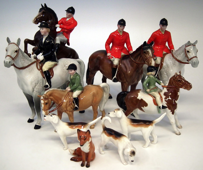 Beswick ten piece hunt set to include three huntsmen, two on brown horses, one on grey, a Hunts
