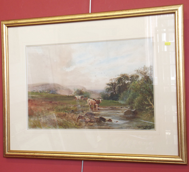 H.C. Fox (1860-1929) - Cattle watering in rural stream, watercolour.  Condition report: see terms