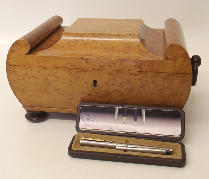 Yew wood sewing box and Parker fountain pen.  Condition report: see terms and conditions