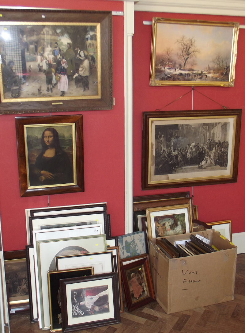 Large quantity of assorted framed prints, needleworks, engravings etc. and mirrors.  Condition