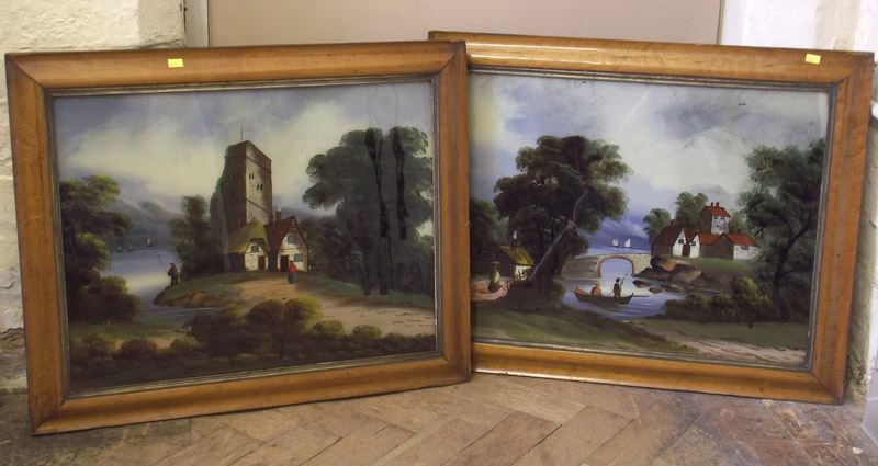 Pair of Victorian oil on glass paintings depicting rural views with figures in birdseye maple frames