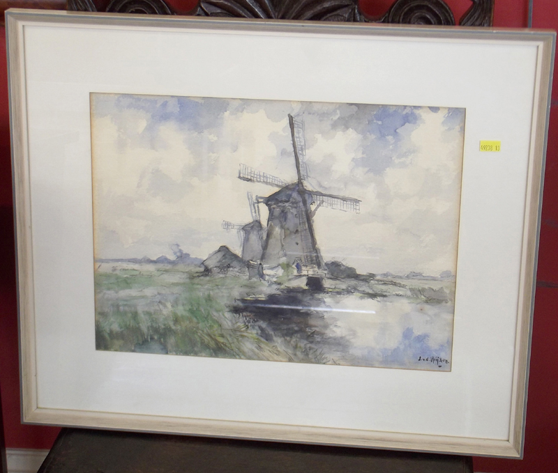 J. Van De Heyden - Dutch river scene with windmill, watercolour.  Condition report: see terms and