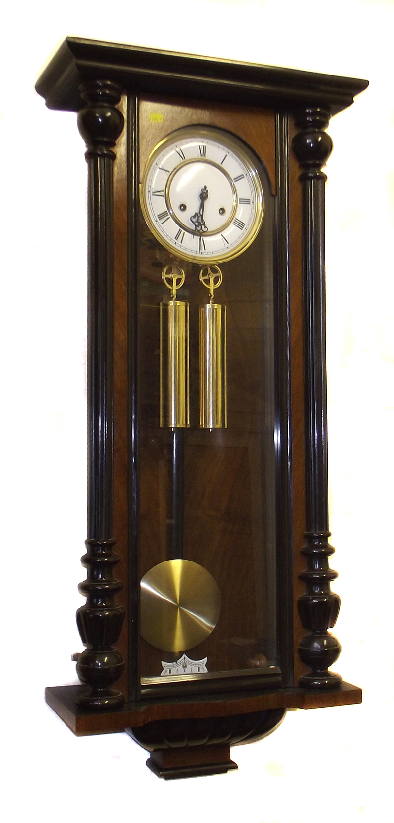German Vienna style ebonised and walnut wall clock by FHS with two brass weights.  Condition report: