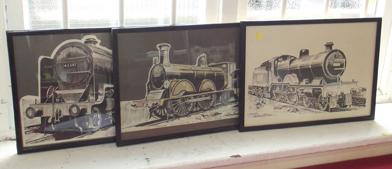 Three framed drawings of trains.  Condition report: see terms and conditions