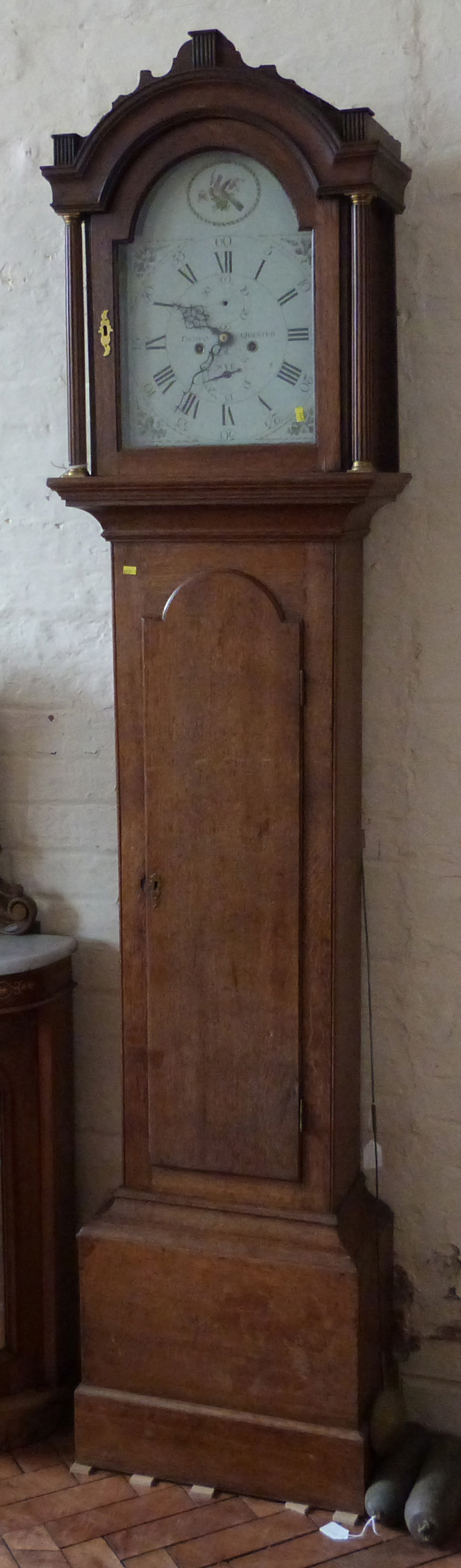 Longcased clock by Thomas Quested Wye with oak case (two weights and a pendulum).  Condition report: