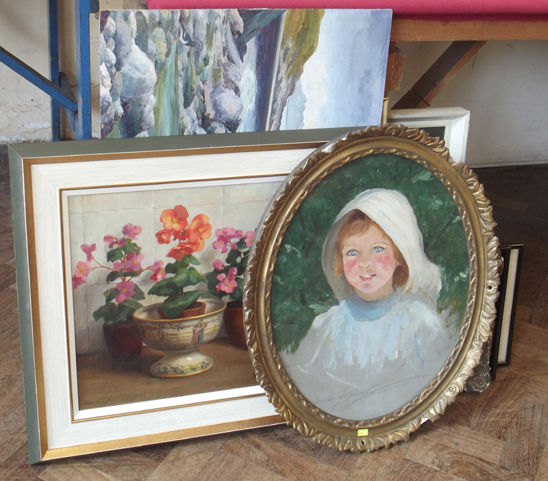 Quantity of 19th & 20th century framed oil paintings to include portrait of a girl by Louise Johnson