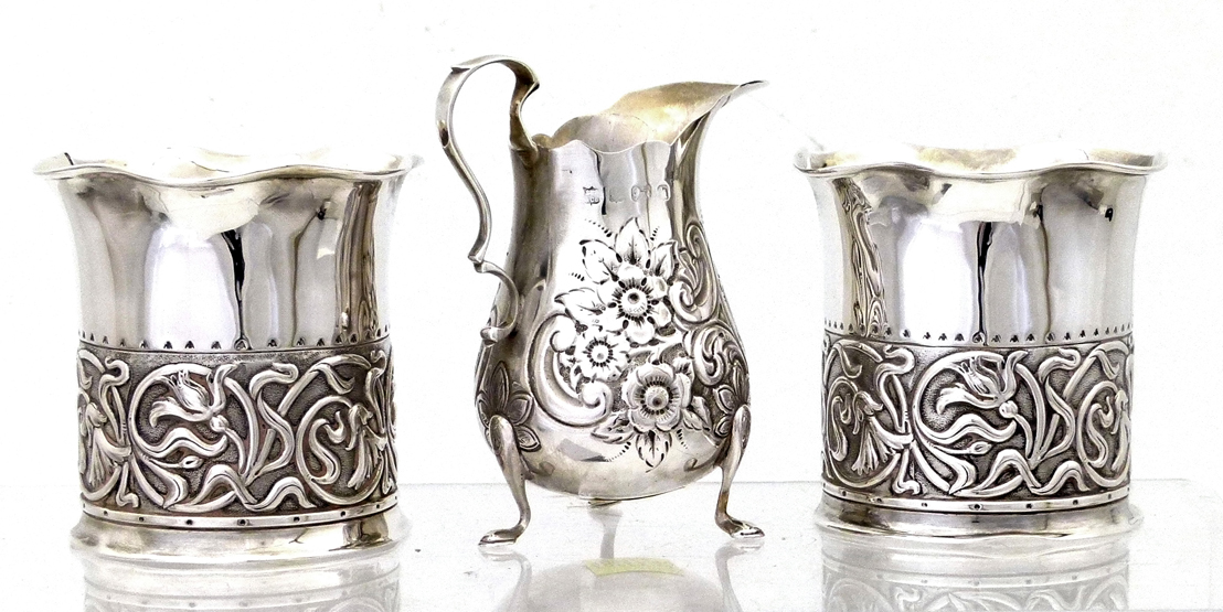 Pair of silver arts & crafts beaker vases ,Wm Hutton, Birmingham 1901 , both with a crimped lip