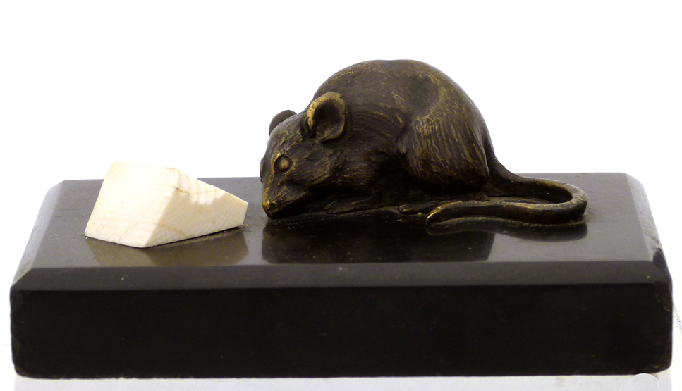 Bronze study of a mouse , early 20th century, nibbling at a wedge of ivory cheese, on black marble