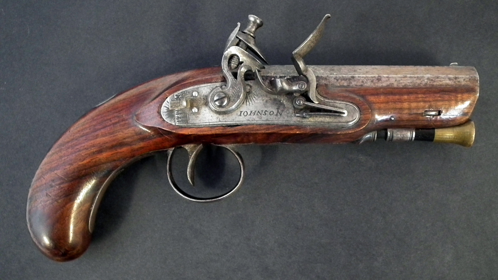 Flintlock pocket pistol by Johnson with octagonal 25 bore barrel, the lock fitted with safety
