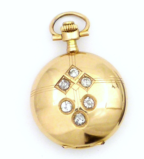 Le Parc 14k gold and diamond hunter pendant watch , after 1910, the cover dressed with six diamonds,