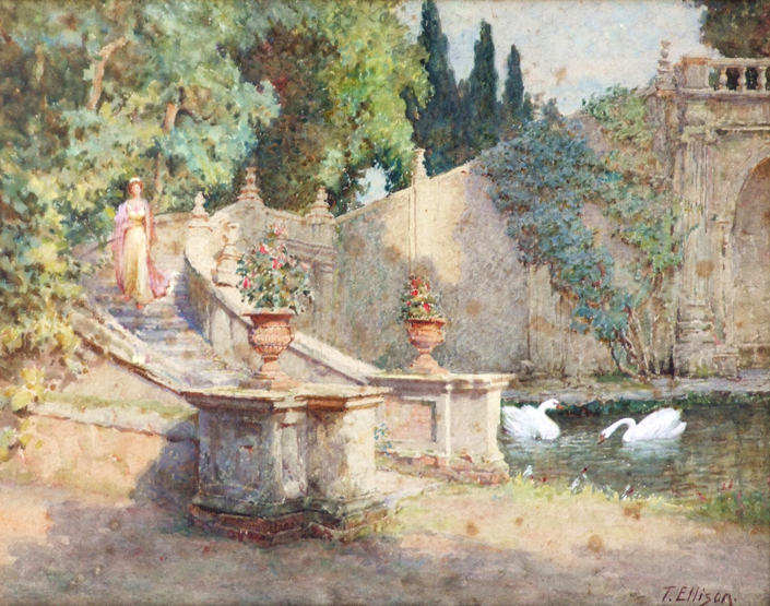 Thomas Ellison (British, 1866-1942), Italianate garden scene with female figure, signed,