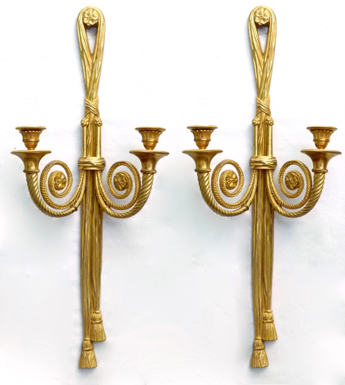 Pair of cast gilt brass Empire style wall scones modelled as tassels with two scrolled candle