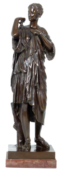 Bronze patinated standing figure of Diane de Gabies after the antique, on a square base inscribed