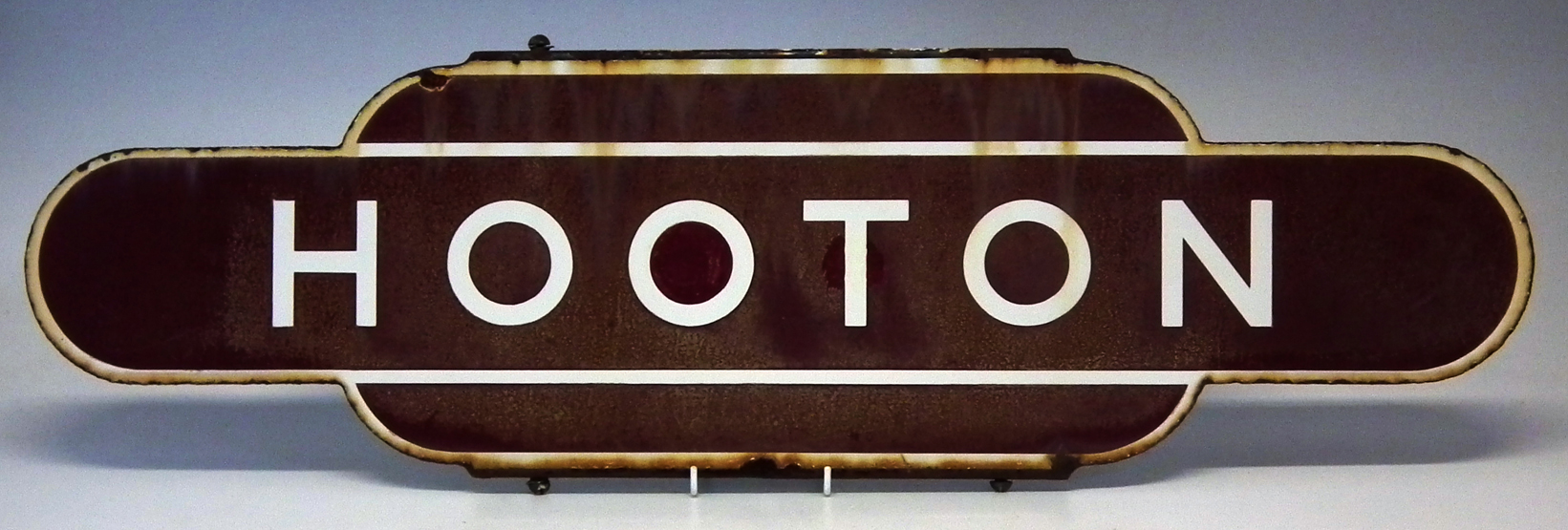 Hooton enamel train station sign 91cm wide Condition report: chips to the enamel, repainted patches,