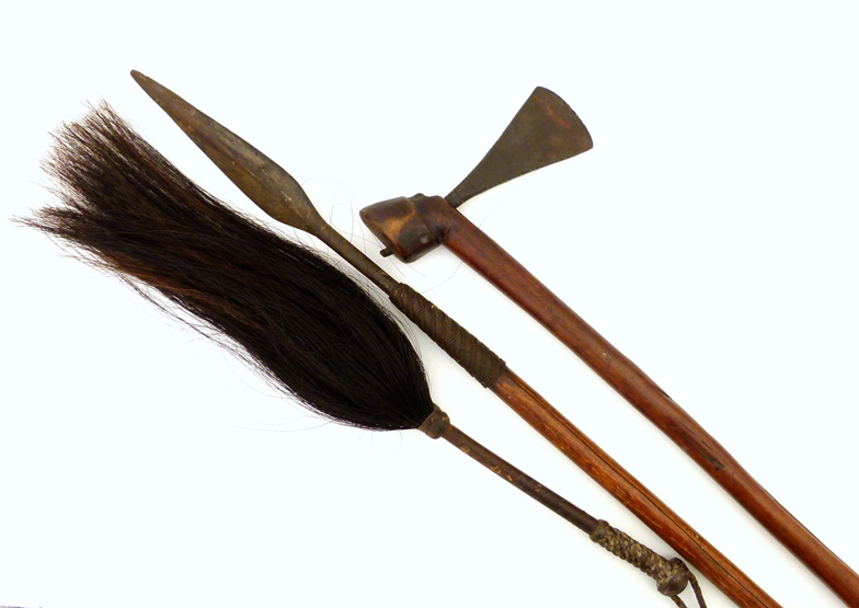 Xhosa or Zulu asegai spear, the spatulate iron tip on a copper wire bound wooden shaft, length