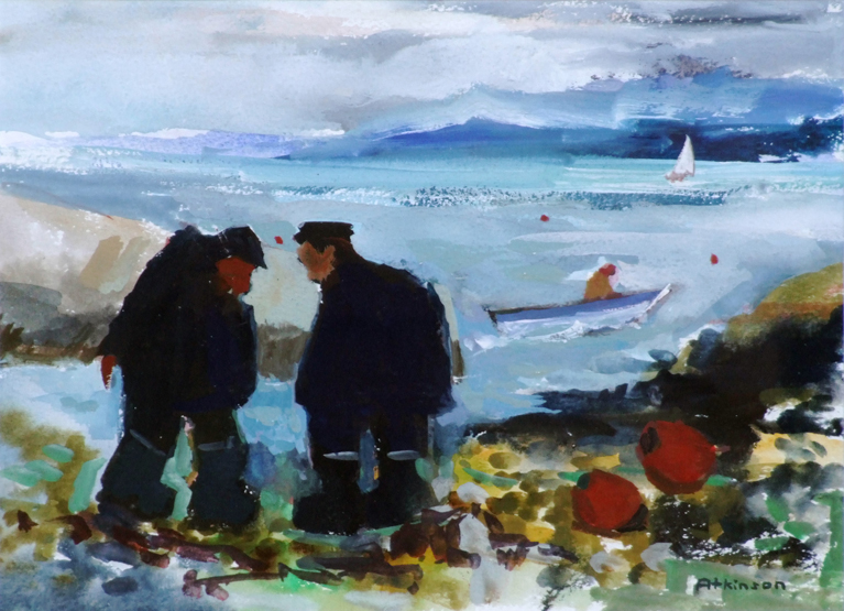 Sue Atkinson (1949-), "Fishermen, Colonsay", signed, titled on artist`s label verso, gouache, 20 x