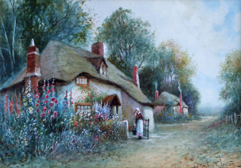 Joseph Hughes Clayton (exh. 1891-1929), Rural lane with cottages and figure, signed, watercolour,