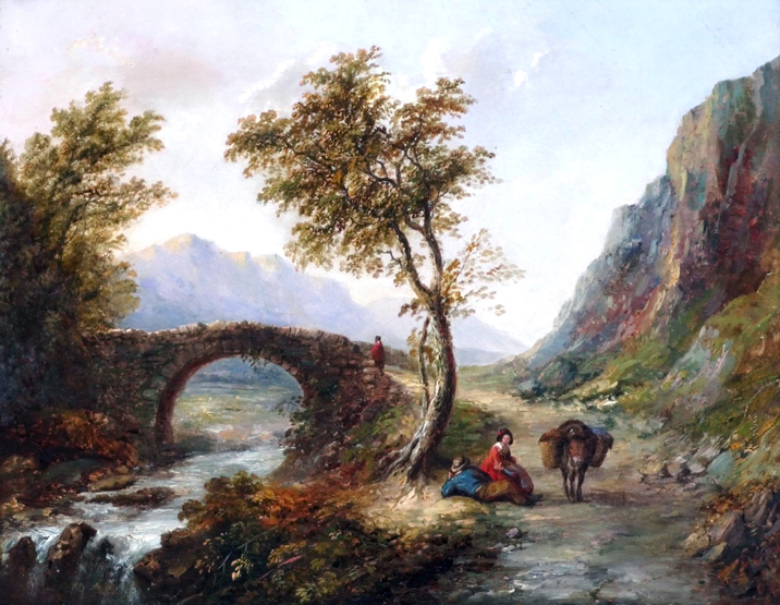 English School, 19th century, River landscape with figures, oil on canvas, 29.5 x 39.5cm.; 11.5 x