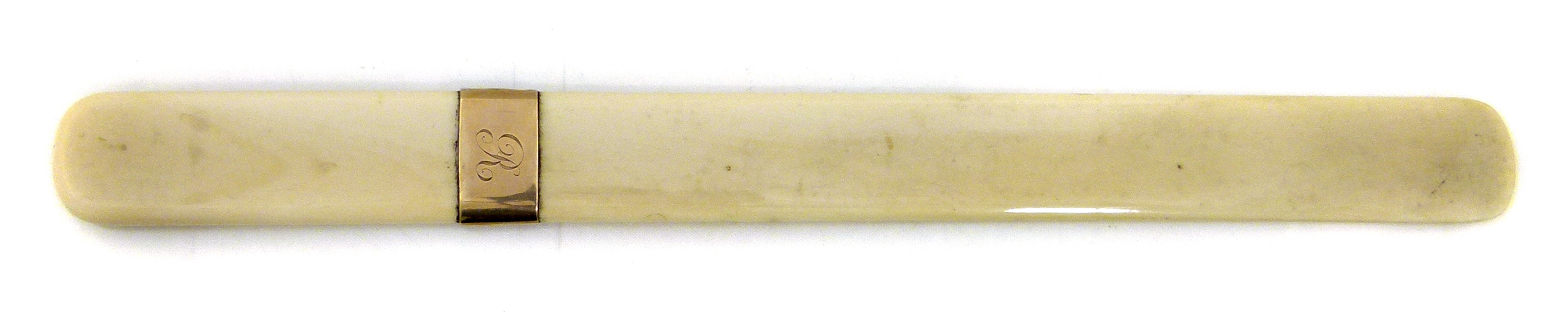 Ivory paper knife with an unmarked gold ferrule inscribed 1872 - 1922 , length 36.5cm.
