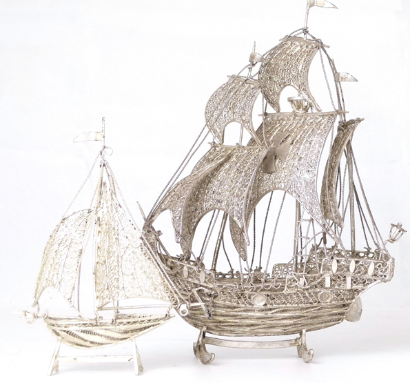 Italian silver filligree model of a three-masted galleon , length 12cm and a similar model of a