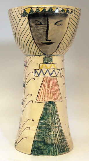 Fantoni pottery vase decorated with stylised faces and patterns, painted marks and `54` to base,