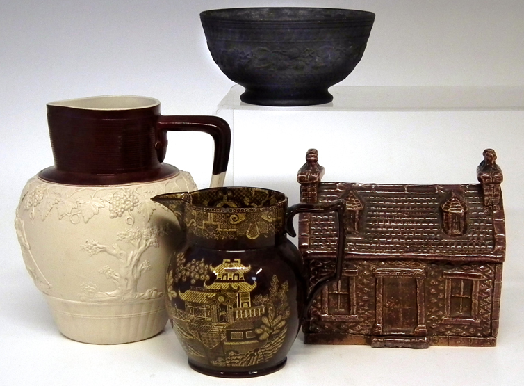 Turners Sprig Jug circa 1800 also black basalt bowl, also a treacle glaze jug printed with a