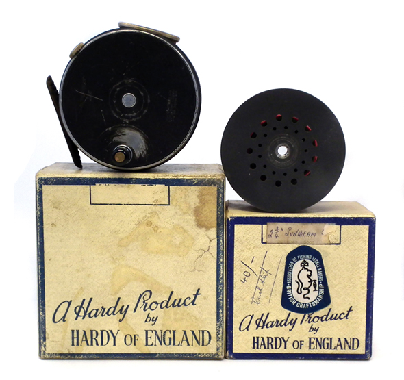Hardy Perfect 3 3/4" reel, with ribbed brass foot, and spare spool, both with original boxes.
