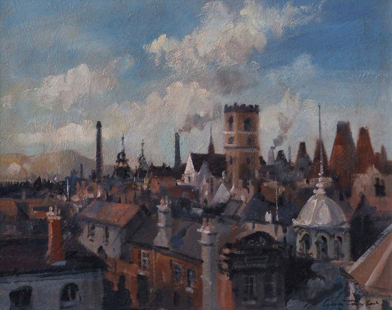 Ivan Taylor (1946-), "Hanley Skyline (circa.1950)", signed, titled on artist`s label verso, oil on