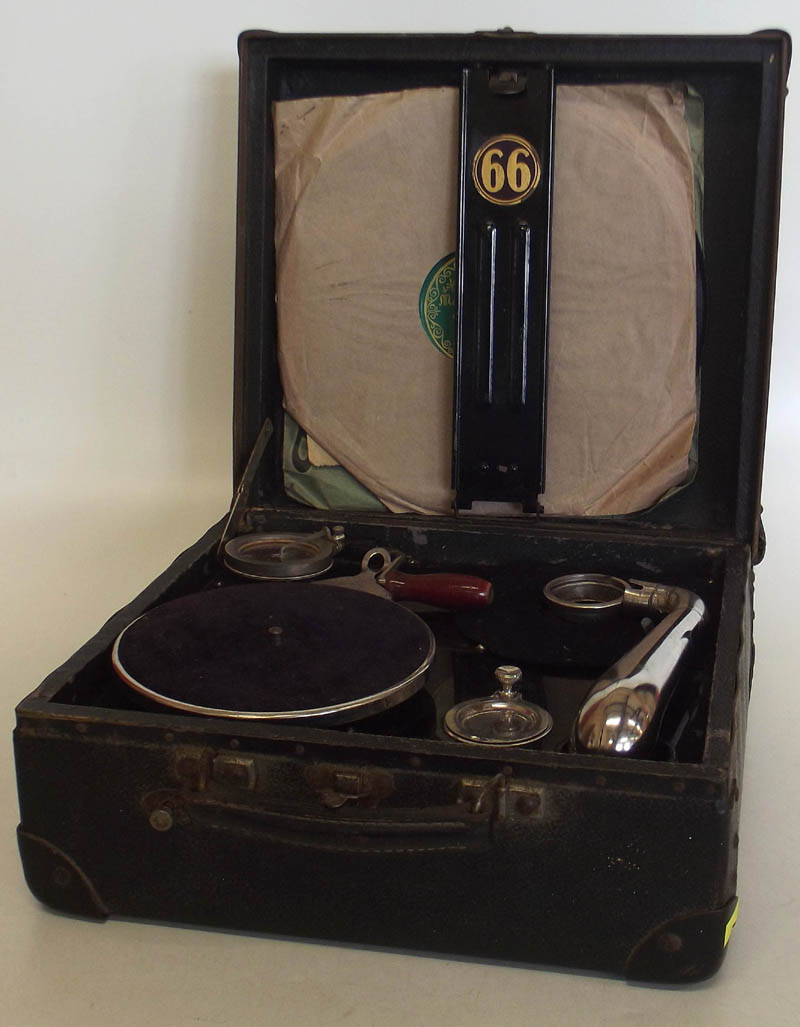 No. 66 compressed fibre travelling wind-up gramophone with 6" turntable (dia) and quantity of 78