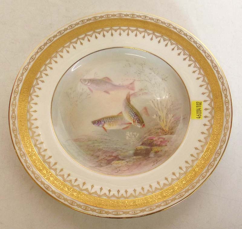 Minton plate signed J.E. Dean decorated with Herring, Ovington`s New York retailers stamp to