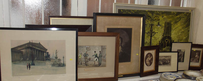 Quantity of assorted pictures and prints including a watercolour by Albert Woods of Whalley Abbey.