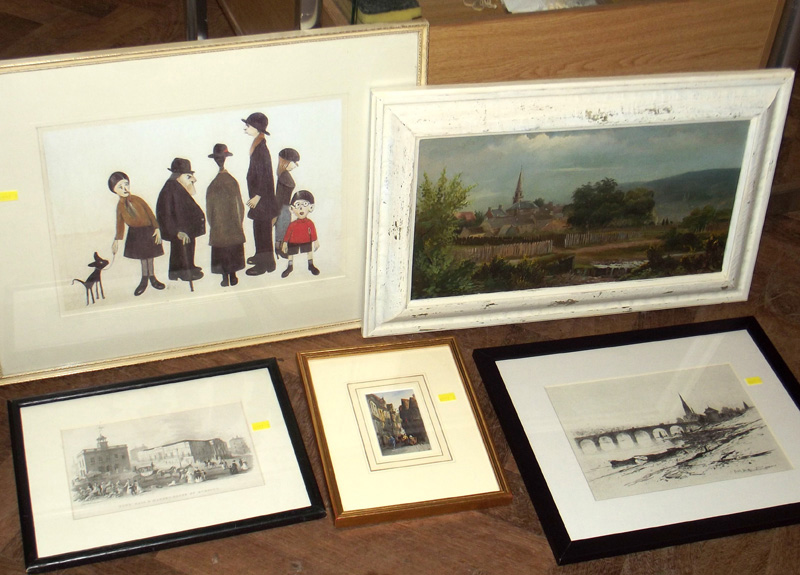 Five pictures, D.Y. Cameron - Burselm print, James Russell - oil, Lowry print, mono FB watercolour.