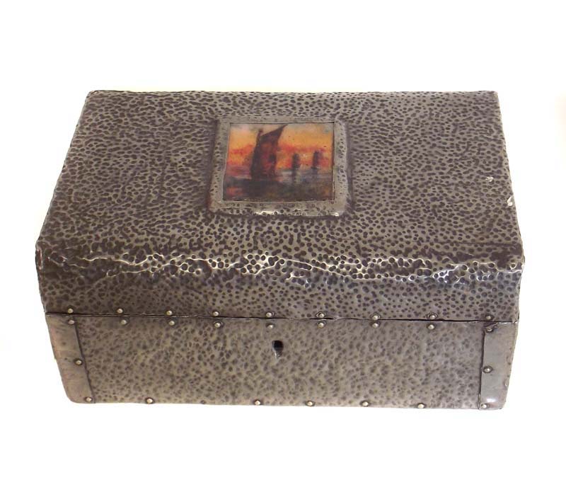 Pewter jewellery box with enamel plaque painted with barges.