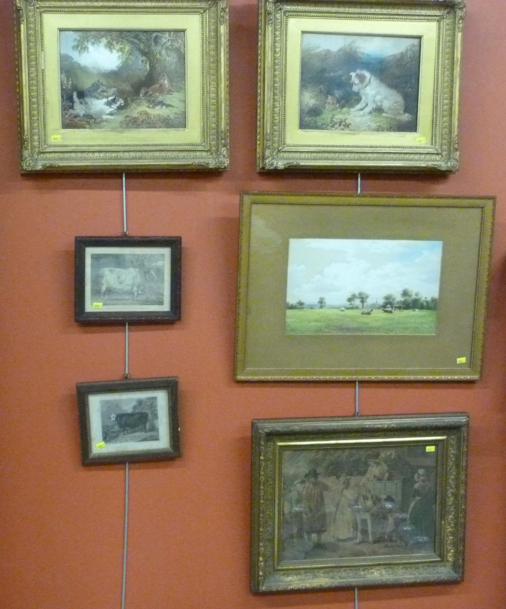 Pair of gilt framed prints of Dogs, Cattle and Horse prints and rural watercolour (6).