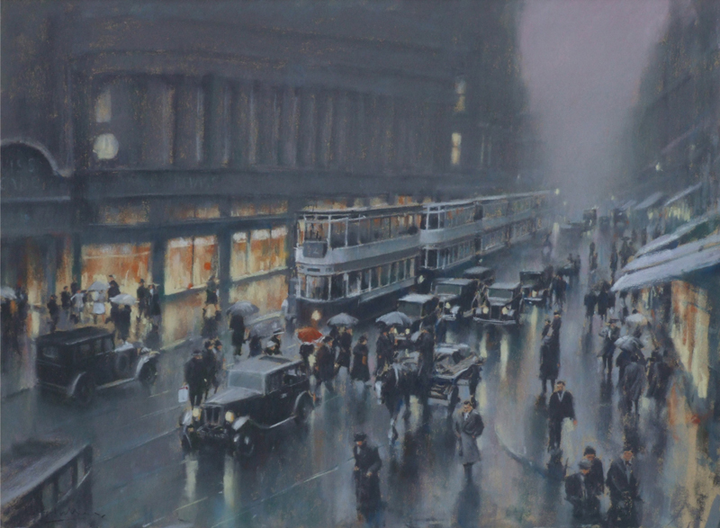 Marc Grimshaw (1957-), Manchester street scene, signed, pastel, 43 x 58cm.; 17 x 23in.