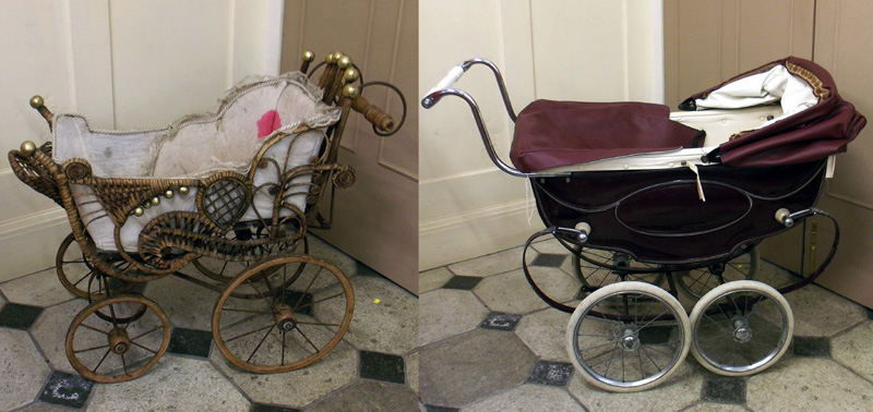 Silver Cross maroon dolls pram and wicker dolls pram.