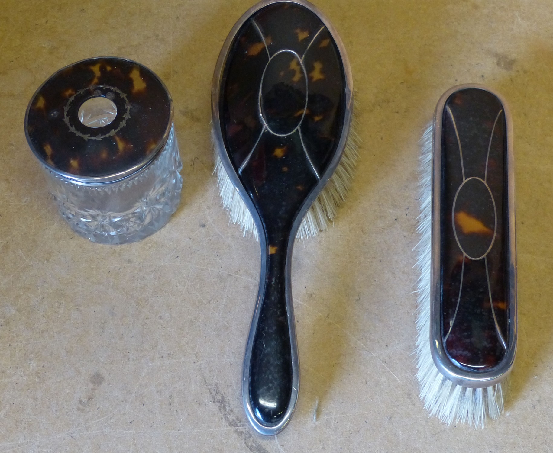 A Birmingham Silver and Tortoiseshell Cut Glass Dressing Table Pot, also 2 matching brushes