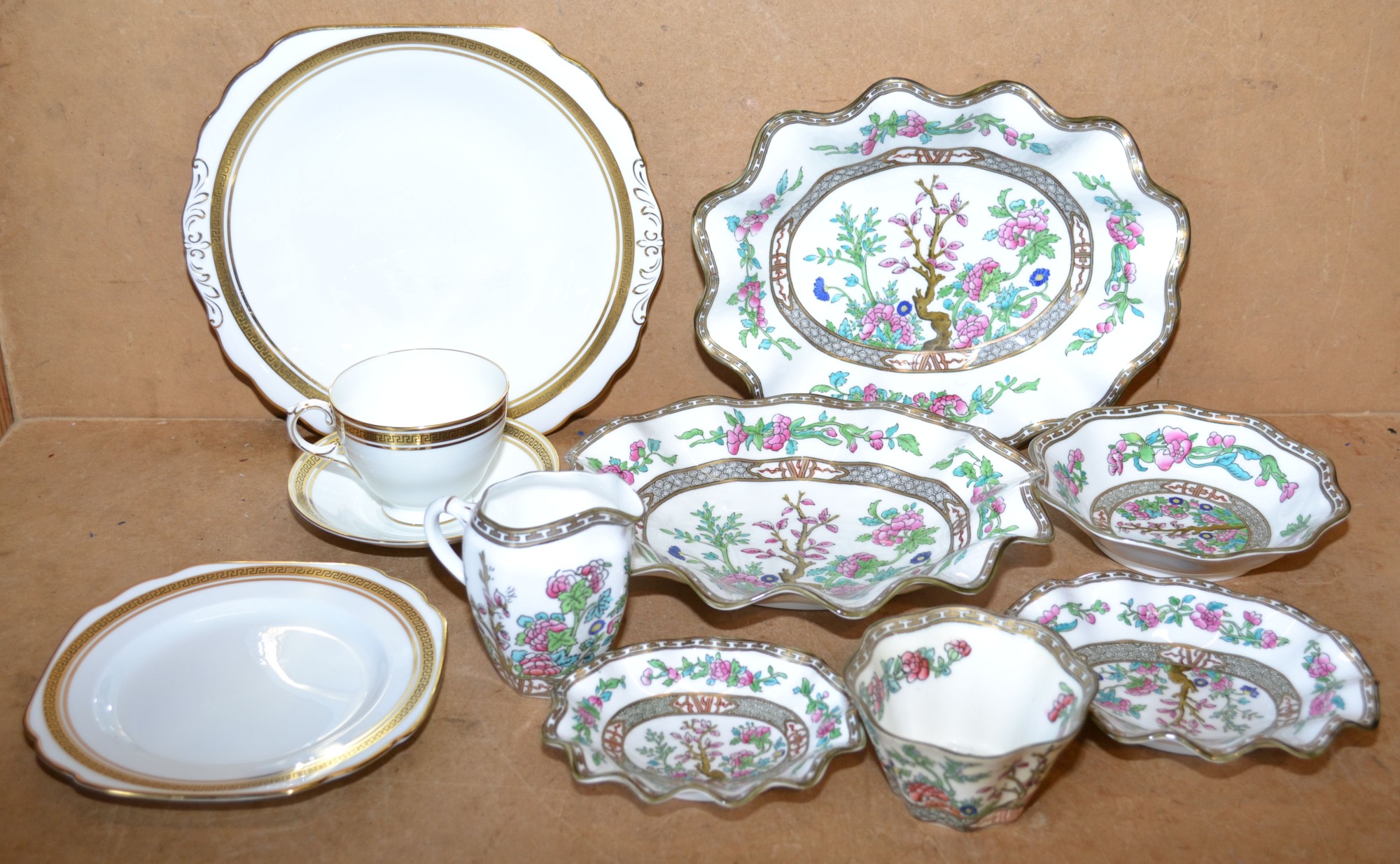 A Coalport China Tea Service on white ground having gilt and black key pattern decoration comprising