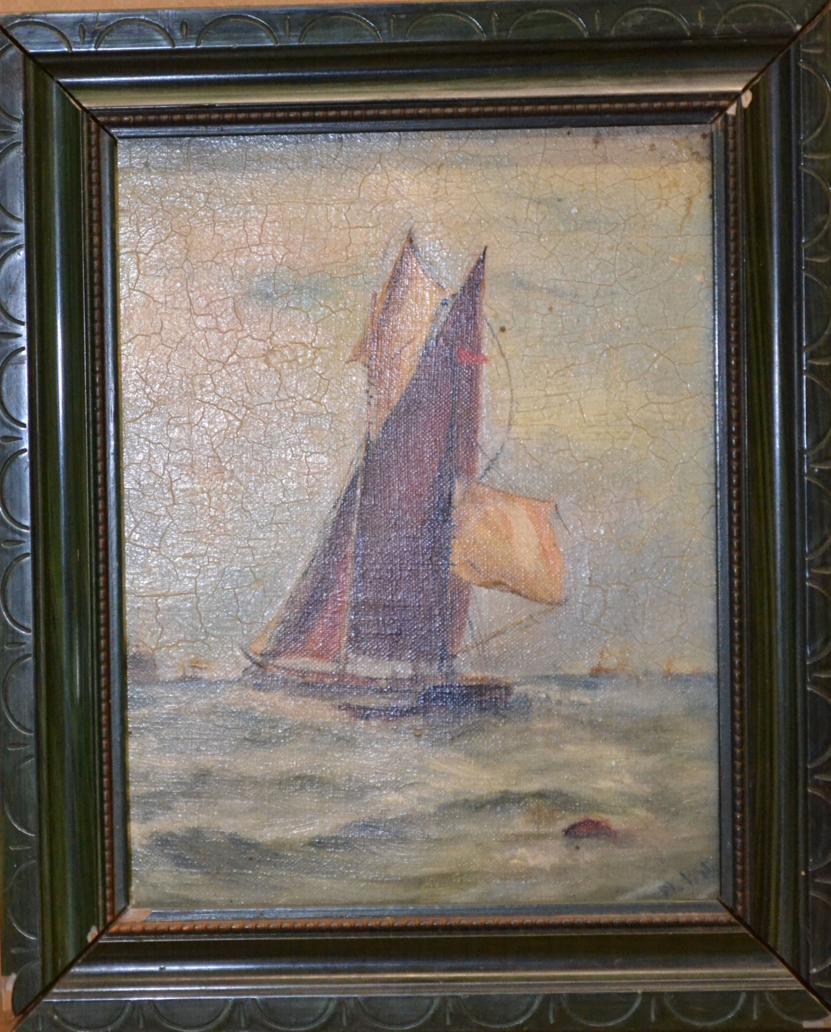 M. Pate?, Marine Oil on Canvas depicting sailing boat at full sail, indistinctly signed in green