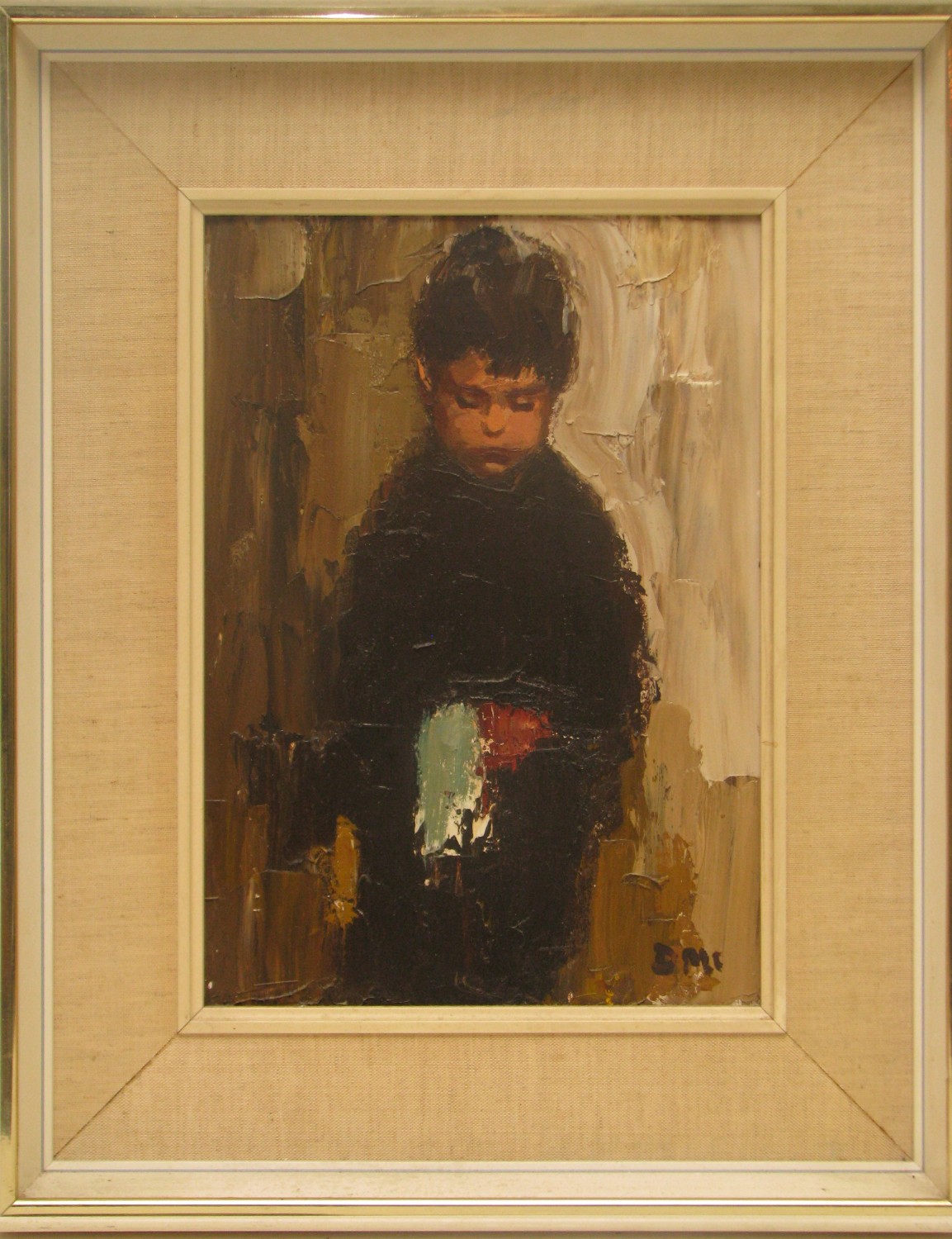 ** Donald McIntyre, Scottish Oil on Panel "Boy", monogrammed, in cream and gilt frame, 34cm x