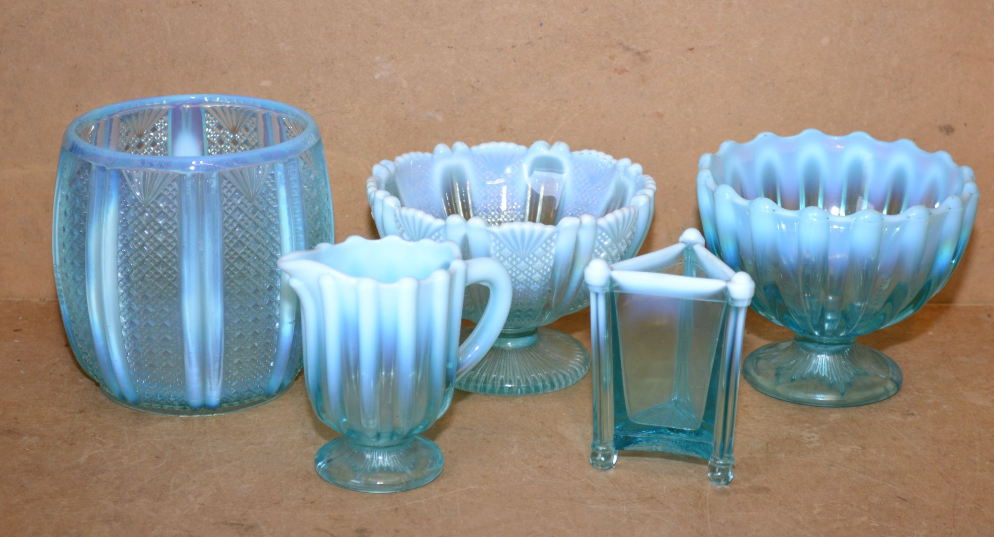 5 Davidson Crest Glass Blue Pearl Lined Vases, Bowls and Jugs, largest 13.5cm high