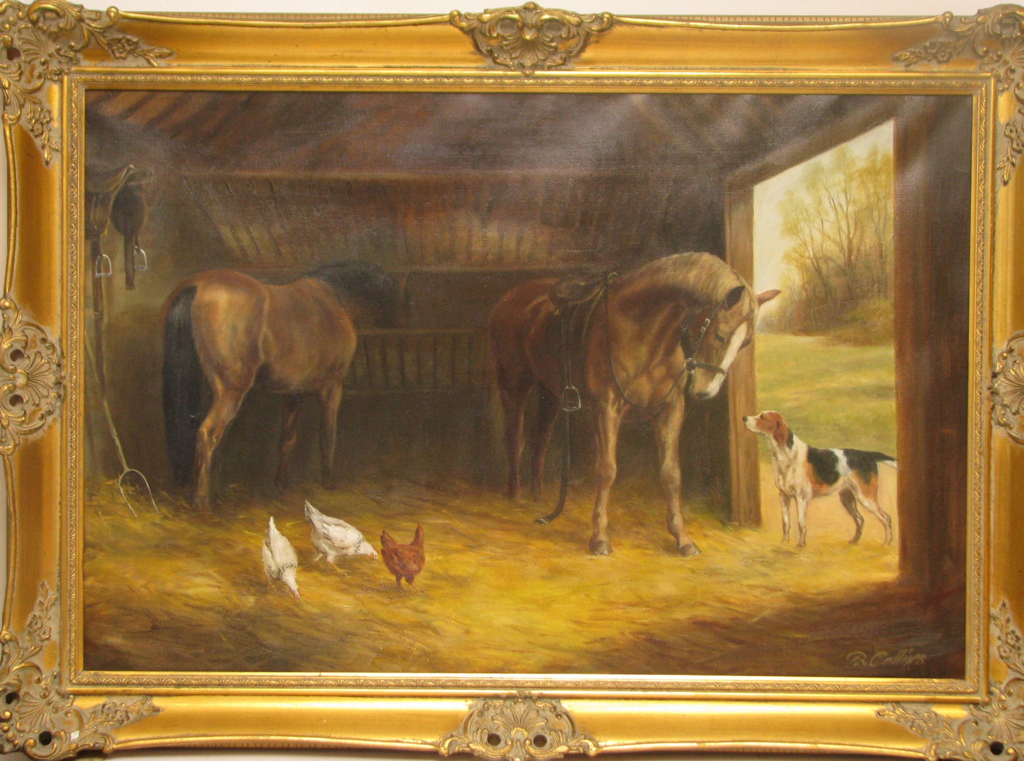 Benjamin Franklin Collins, Oil on Canvas depicting 2 horses, dog and chickens in stable, signed,