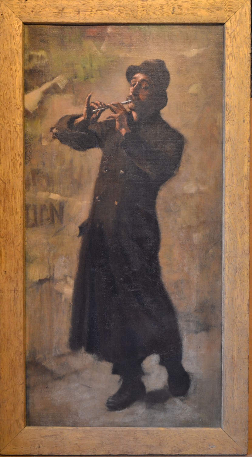 Horace Mann Livens, Oil on Canvas full length portrait of a gentleman playing a flute, unsigned, but