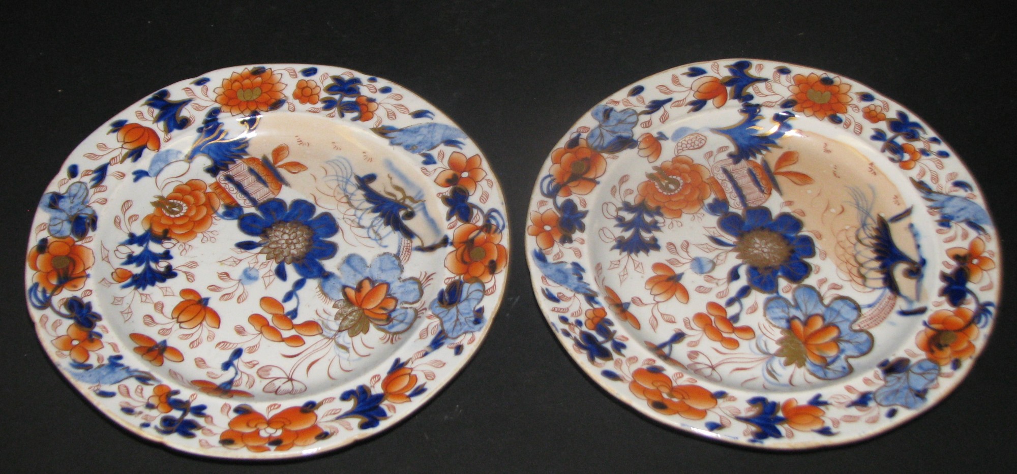 A Pair Mason`s Ironstone Plates on white, red and blue ground having floral, vase, leaf and gilt