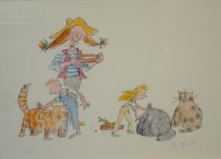 QUENTIN BLAKE signed limited edition print No 150/195 `Her Three Fat Cats`, 36cm x 24cm together