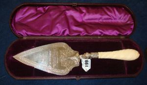 Ivory and silver presentation trowel with inscription dated 1880 in original fitted case