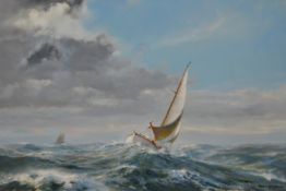 ROBIN GOODWIN Oil on canvas, signed, 44cm x 64cm, `Sailing Boat In Choppy Seas`
